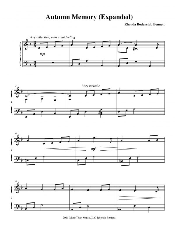 Built on a simple melody line, this sentimental yet serious solo resembles a pop style such as Dan Coates with an element of drama.  It is suitable for the moderately advanced pianist.