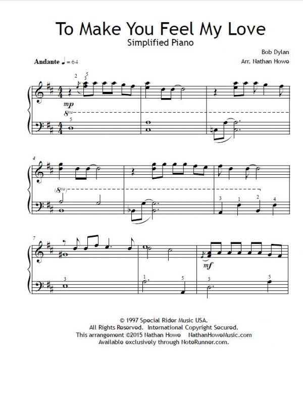 To Make You Feel My Love by Bob Dylan, Arranged for simplified piano by Nathan Howe